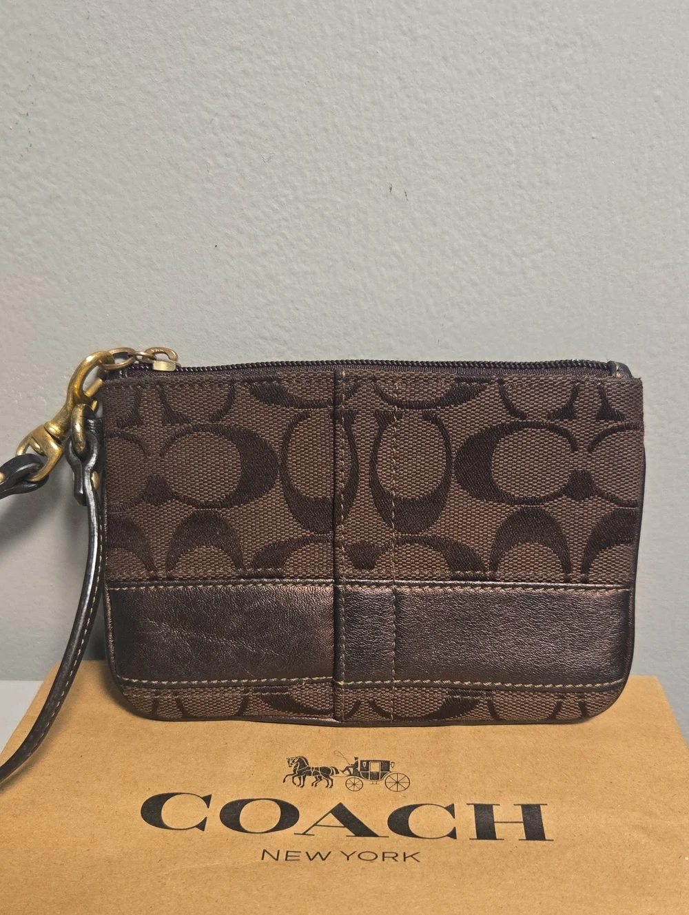 Coach Legacy Brown Signature Canvas Wristlet with Leather Trim